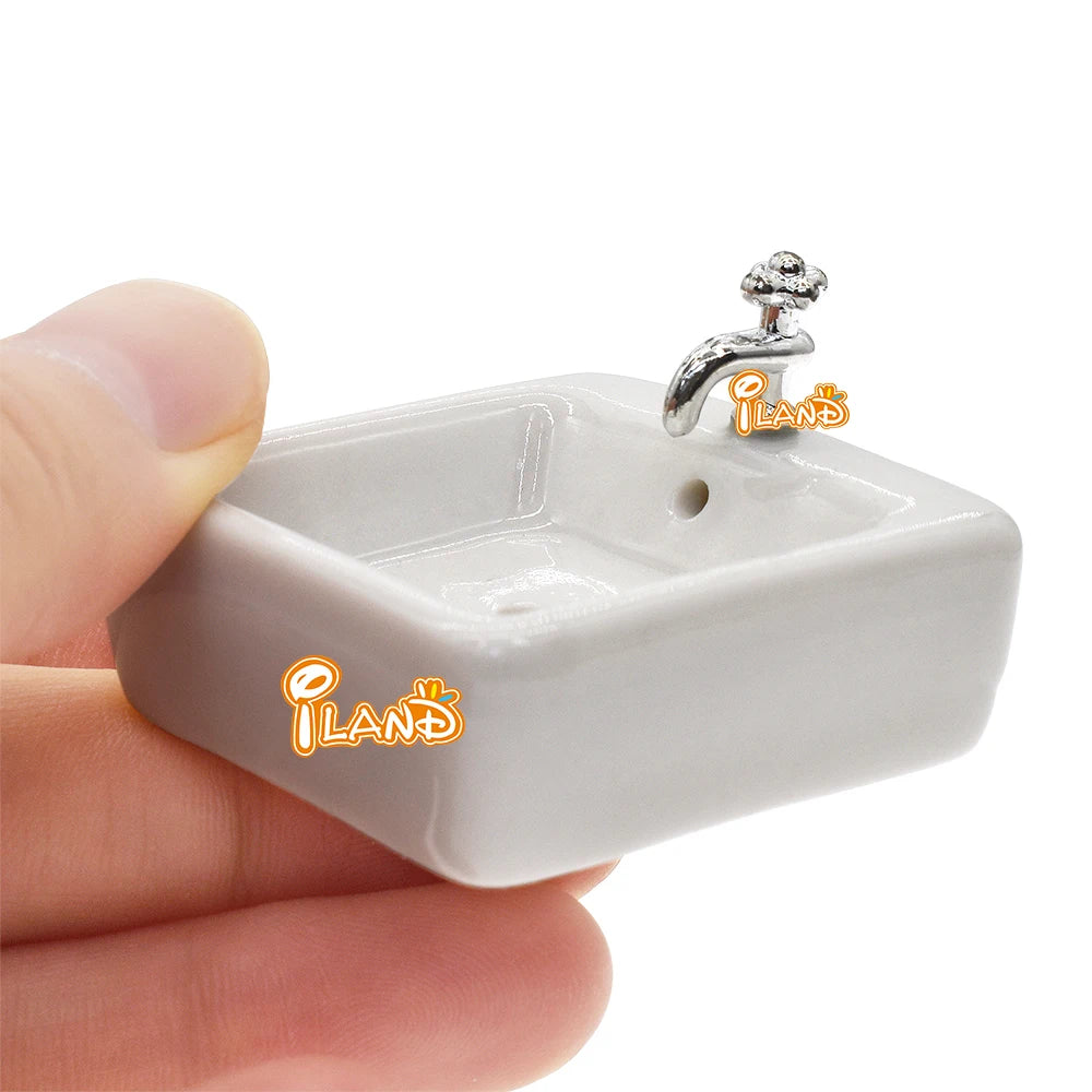 1:12 Scale Miniature Ceramic Bathroom Sink With Faucet For Dollhouse Accessories Miniature Furniture