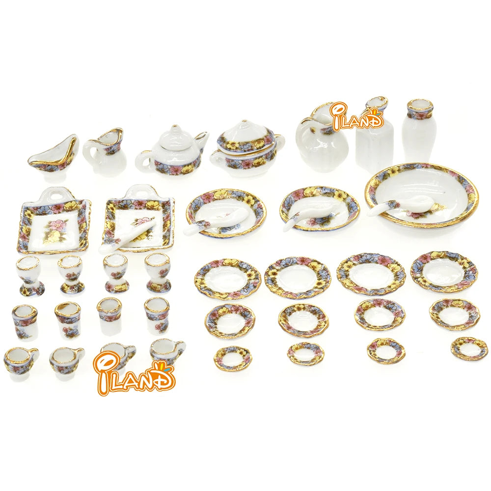 1:12 Scale Miniature Tea Set Porcelain Cups Plates For Dollhouse Kitchen Dining Room Accessories 40pcs