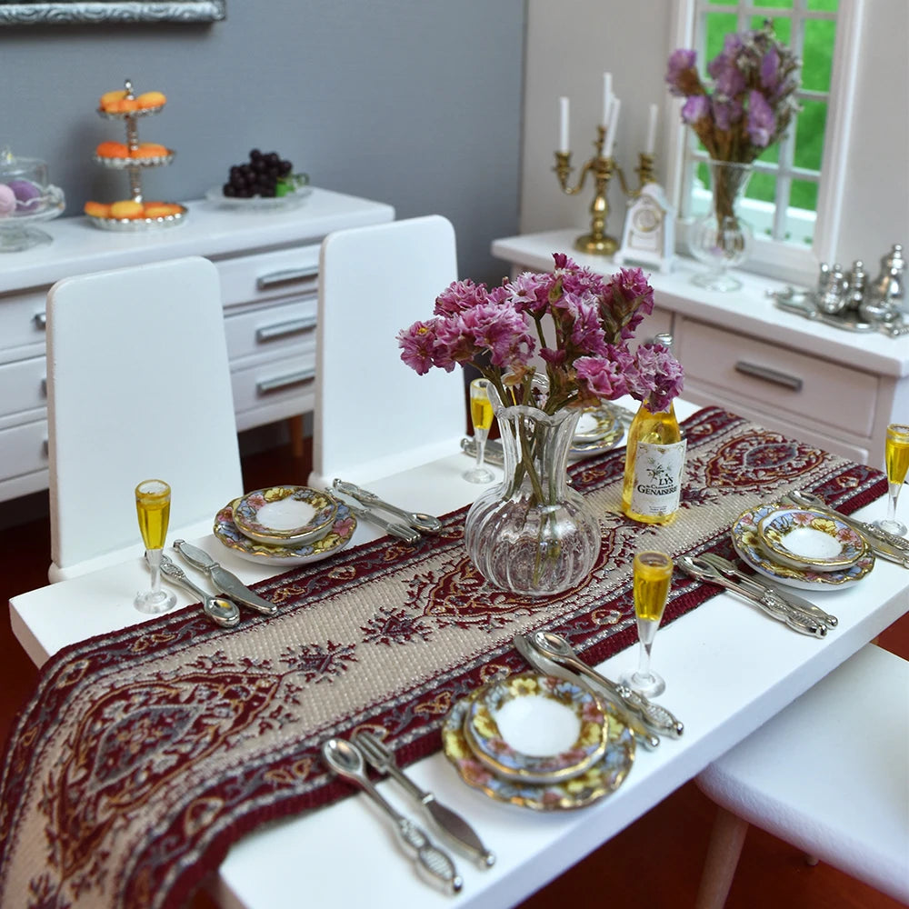 1:12 Scale Miniature Dollhouse Dining Room Set With Dinnerware Tableware Table Runner And Wine Goblets