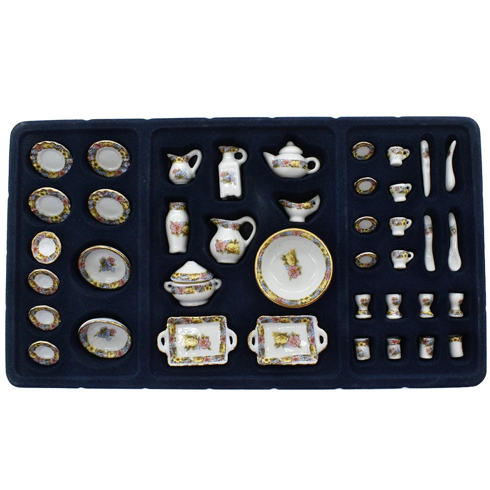 1:12 Scale Miniature Dollhouse Dining Room Set With Dinnerware Tableware Table Runner And Wine Goblets