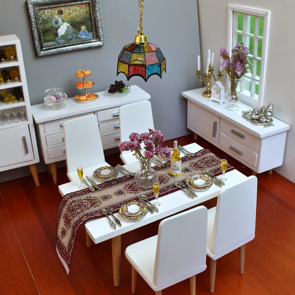 1:12 Scale Miniature Dollhouse Dining Room Set With Dinnerware Tableware Table Runner And Wine Goblets