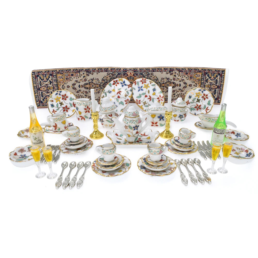 1:12 Scale Miniature Dollhouse Dining Room Set With Dinnerware Tableware Table Runner And Wine Goblets