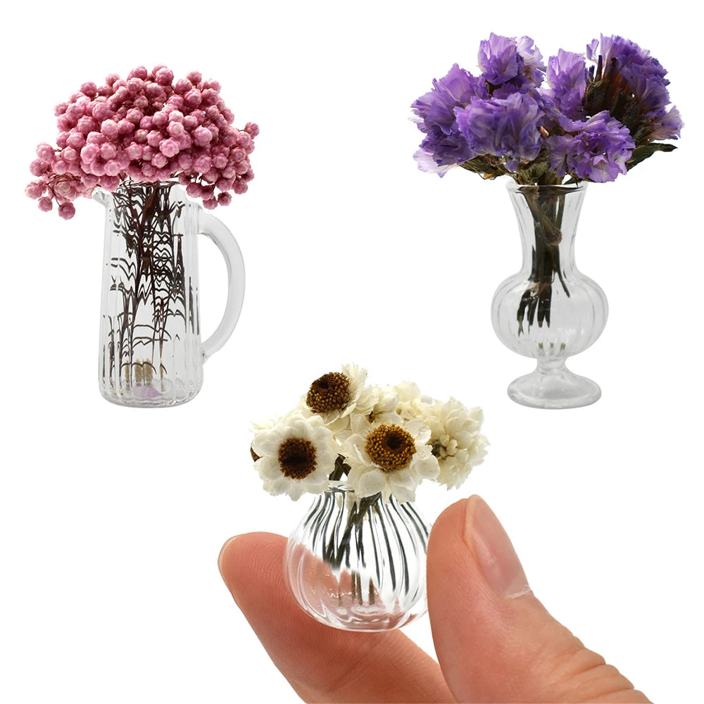 1:12 Scale Miniature Glass Vases With Dried Flowers Set For Dollhouse Furniture Decor