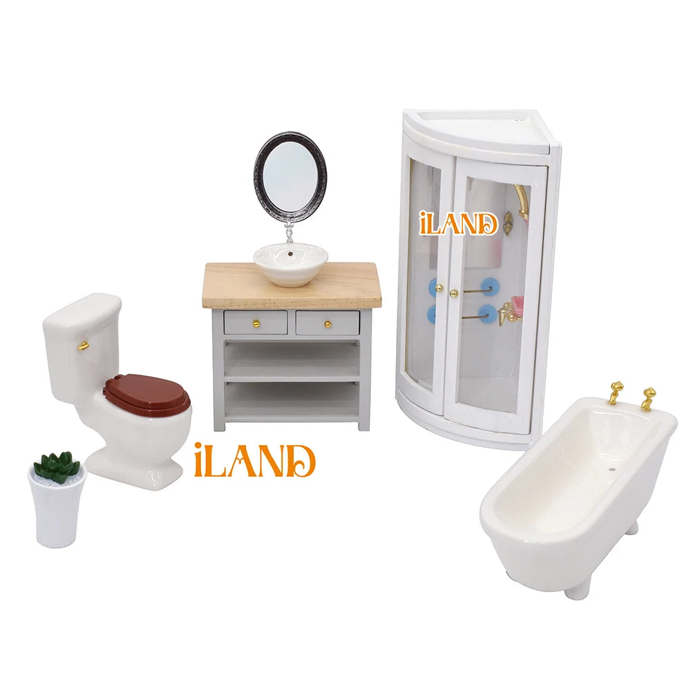 1:12 Scale Miniature Dollhouse Bathroom Set With Ceramic Toilet Bathtub Vanity And Sink Accessories