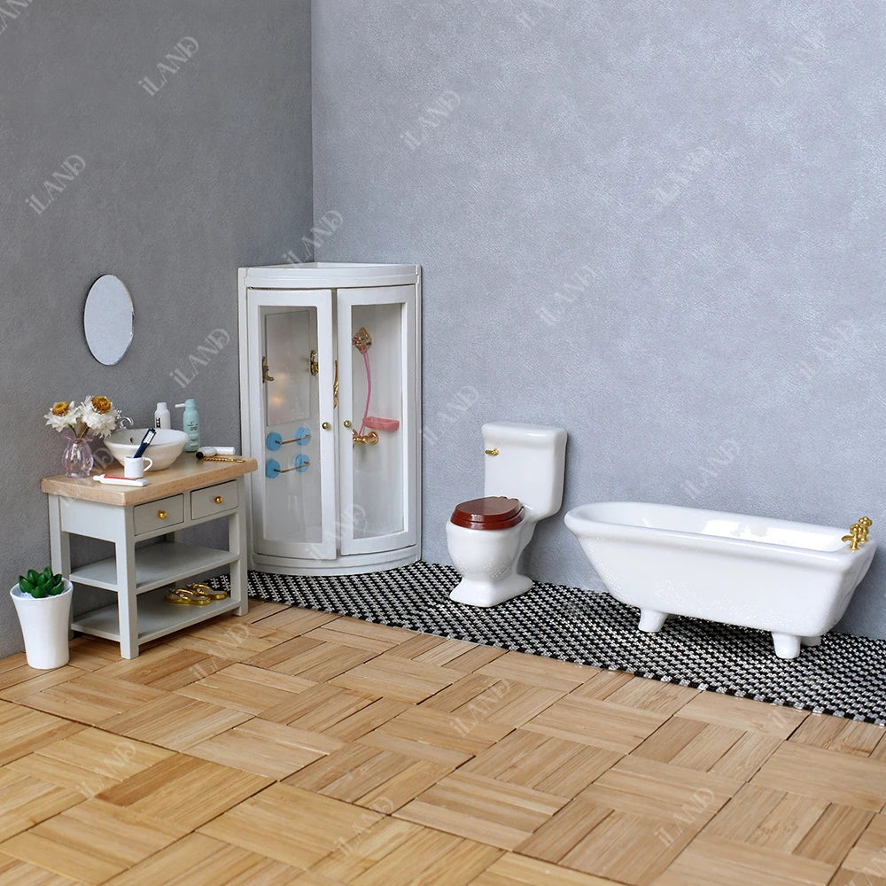 1:12 Scale Miniature Dollhouse Bathroom Set With Ceramic Toilet Bathtub Vanity And Sink Accessories