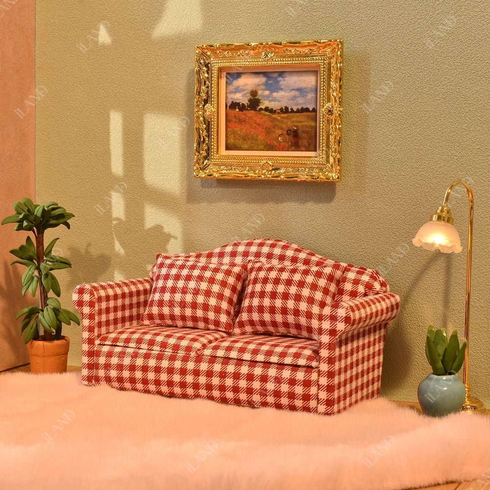 1:12 Scale Wooden Cabinet Dollhouse Living Room Miniature Furniture Set With Sofa Pillow End Table And Rug