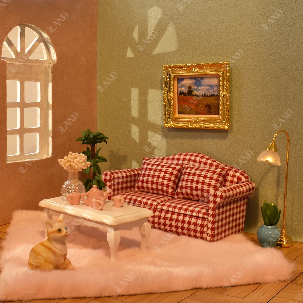 1:12 Scale Wooden Cabinet Dollhouse Living Room Miniature Furniture Set With Sofa Pillow End Table And Rug