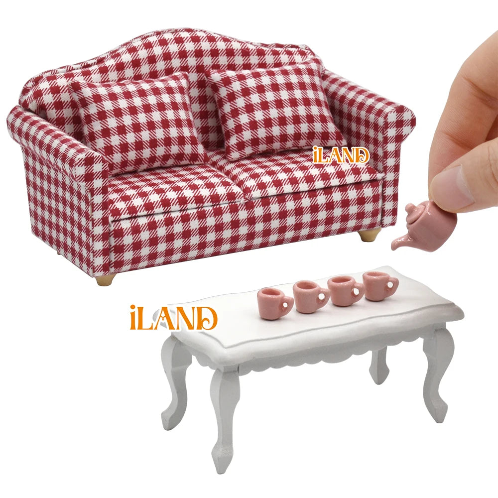 1:12 Scale Wooden Cabinet Dollhouse Living Room Miniature Furniture Set With Sofa Pillow End Table And Rug