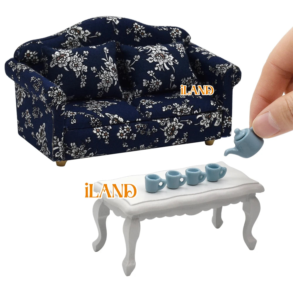 1:12 Scale Wooden Cabinet Dollhouse Living Room Miniature Furniture Set With Sofa Pillow End Table And Rug