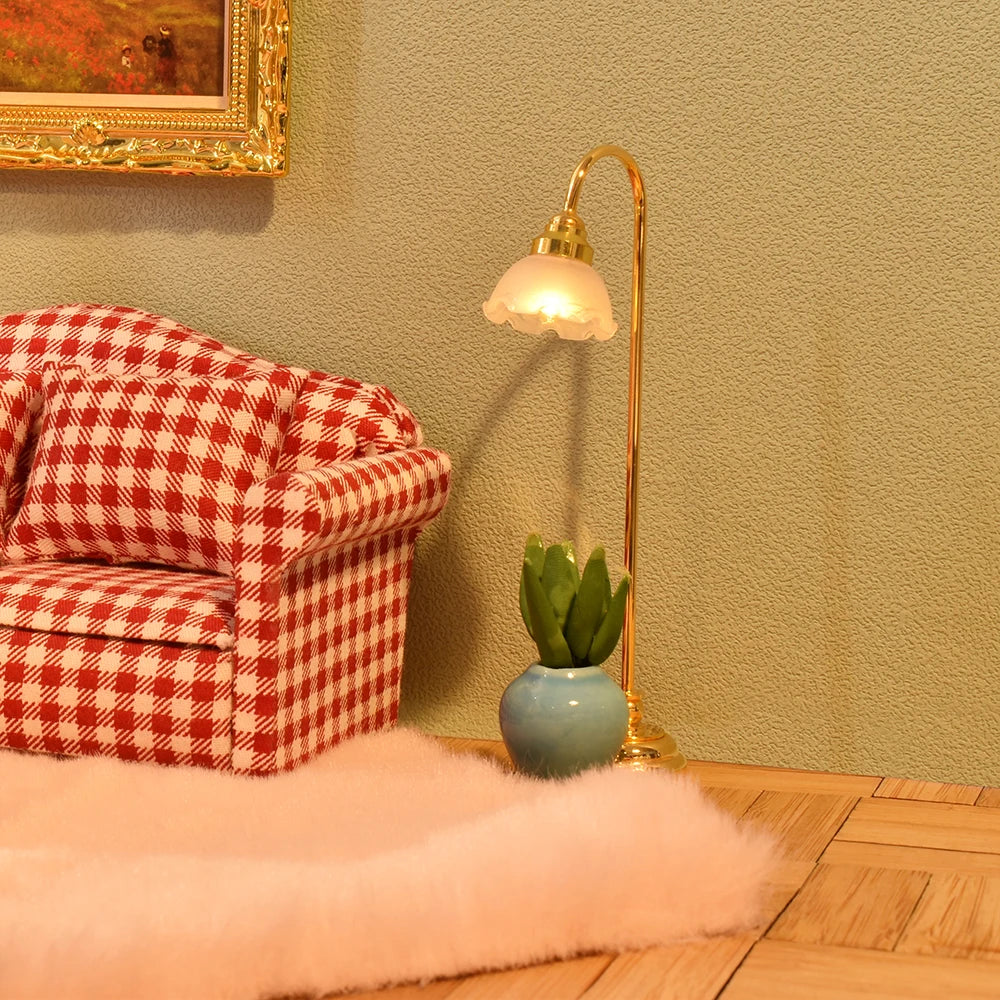 1:12 Scale Miniature Floor Lamp LED Light Dollhouse Furniture Battery Operated Living Room Decor