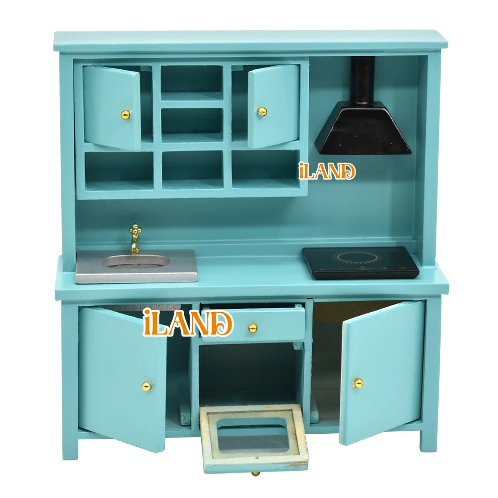 1:12 Scale Wooden Kitchen Cabinet Miniature Dollhouse Furniture With Sink Oven Range Hood And Induction Cooker Modern Kitchen Set