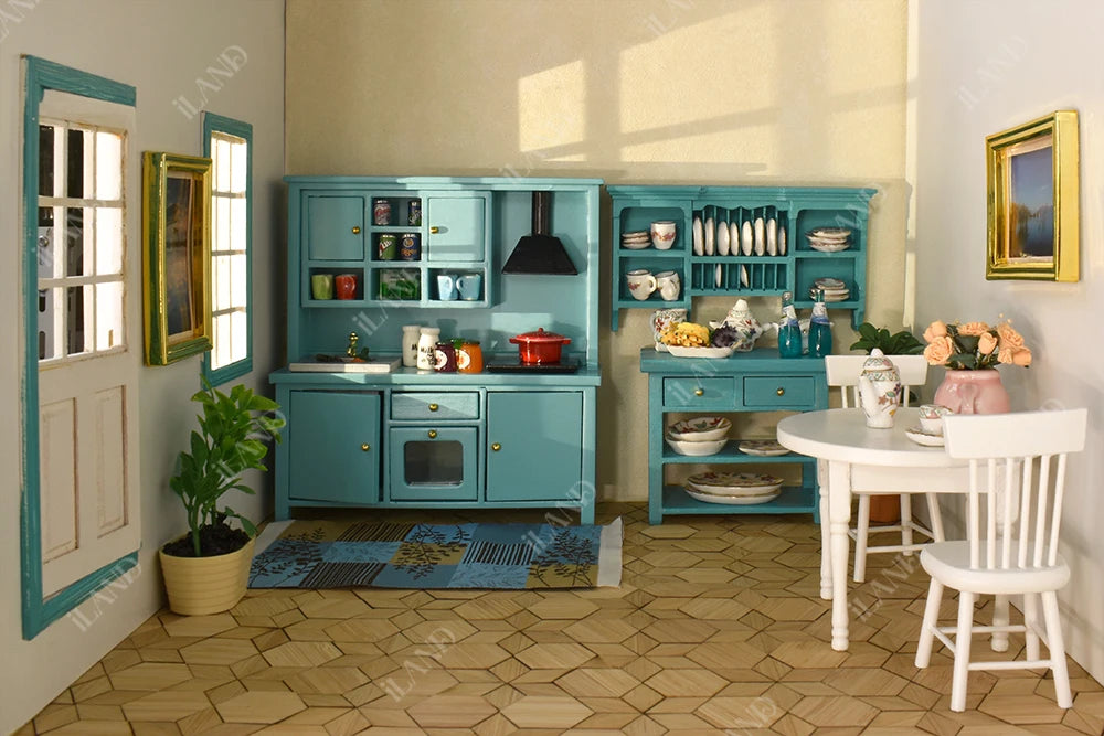 1:12 Scale Wooden Kitchen Cabinet Miniature Dollhouse Furniture With Sink Oven Range Hood And Induction Cooker Modern Kitchen Set