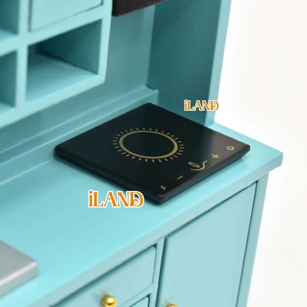 1:12 Scale Wooden Kitchen Cabinet Miniature Dollhouse Furniture With Sink Oven Range Hood And Induction Cooker Modern Kitchen Set