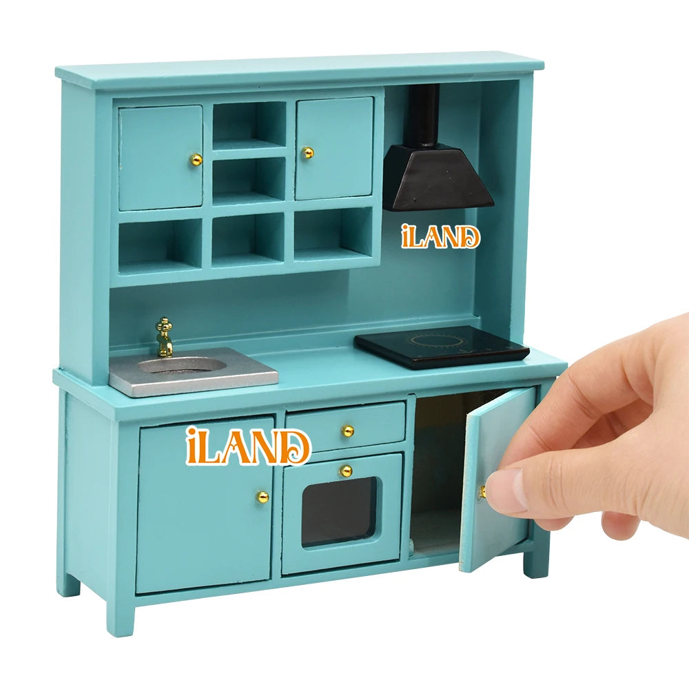 1:12 Scale Wooden Kitchen Cabinet Miniature Dollhouse Furniture With Sink Oven Range Hood And Induction Cooker Modern Kitchen Set
