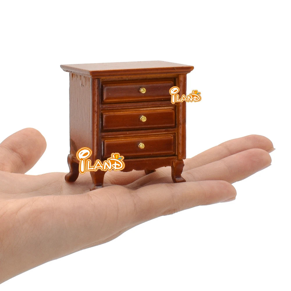 1:12 Scale Wooden Dollhouse Furniture Vintage Bedroom Set With Bed Bedside Table Dressing Table Upholstered Bench Miniature Dollhouse Accessories