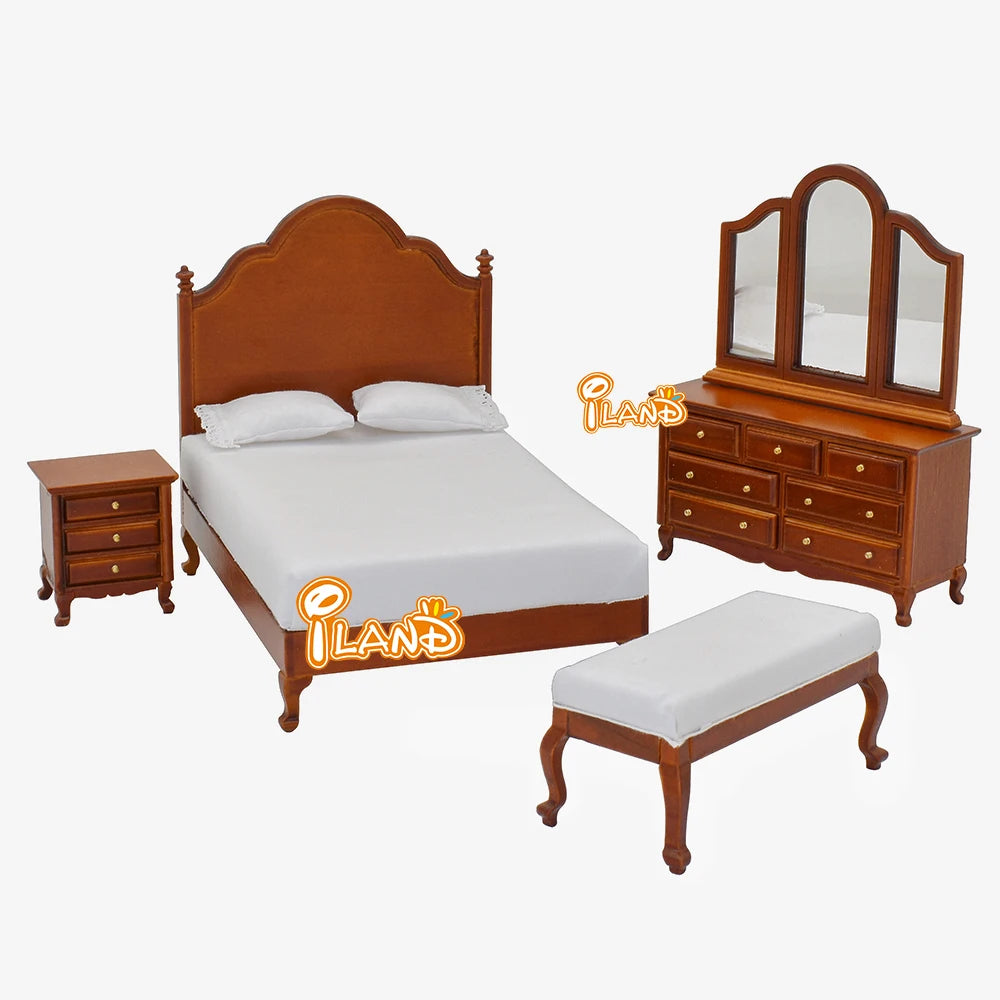 1:12 Scale Wooden Dollhouse Furniture Vintage Bedroom Set With Bed Bedside Table Dressing Table Upholstered Bench Miniature Dollhouse Accessories