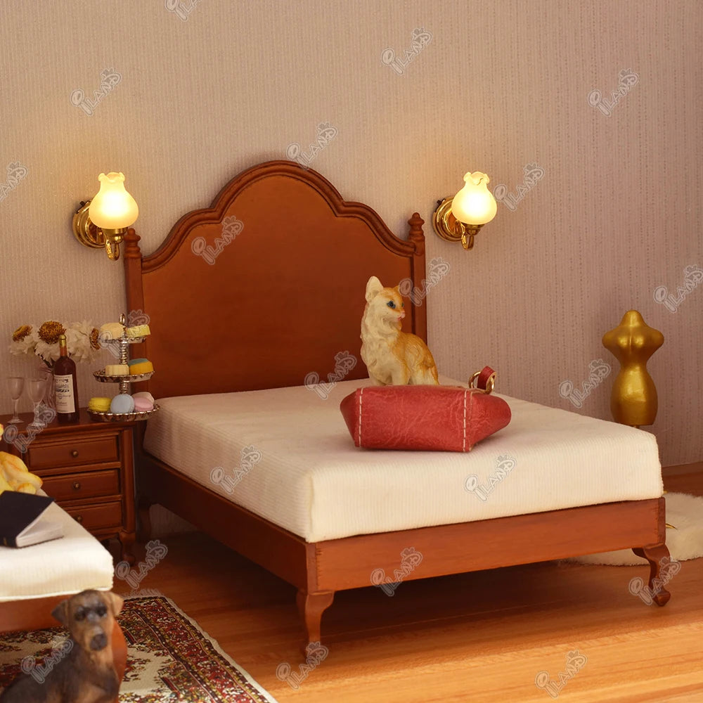1:12 Scale Wooden Dollhouse Furniture Vintage Bedroom Set With Bed Bedside Table Dressing Table Upholstered Bench Miniature Dollhouse Accessories