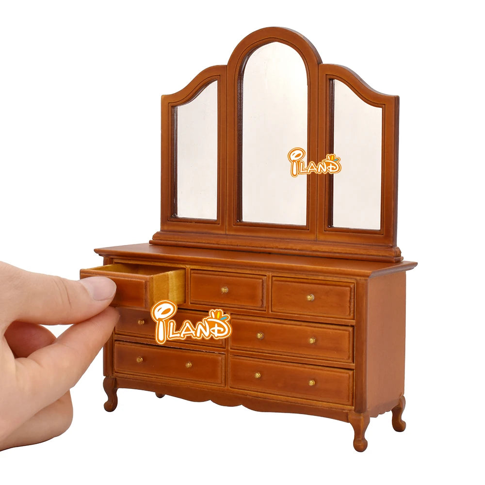 1:12 Scale Wooden Dollhouse Furniture Vintage Bedroom Set With Bed Bedside Table Dressing Table Upholstered Bench Miniature Dollhouse Accessories