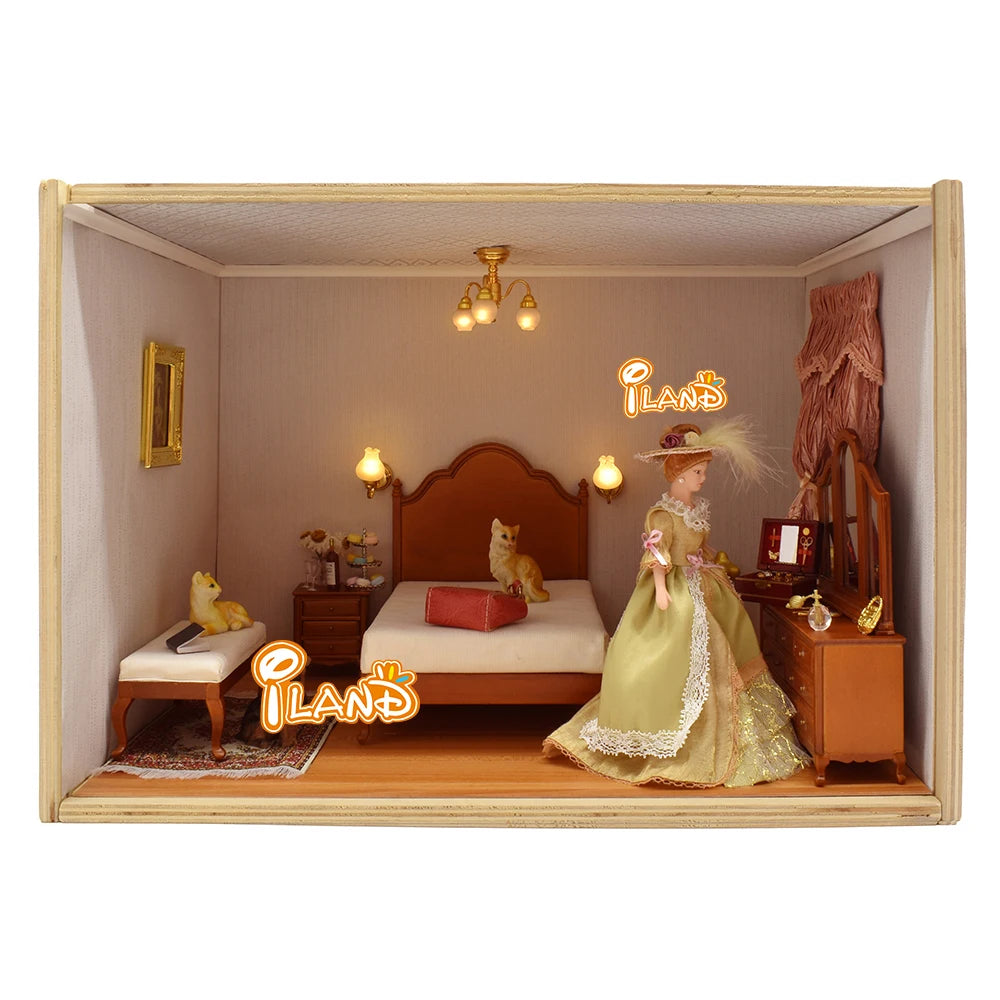 1:12 Scale Wooden Dollhouse Furniture Vintage Bedroom Set With Bed Bedside Table Dressing Table Upholstered Bench Miniature Dollhouse Accessories