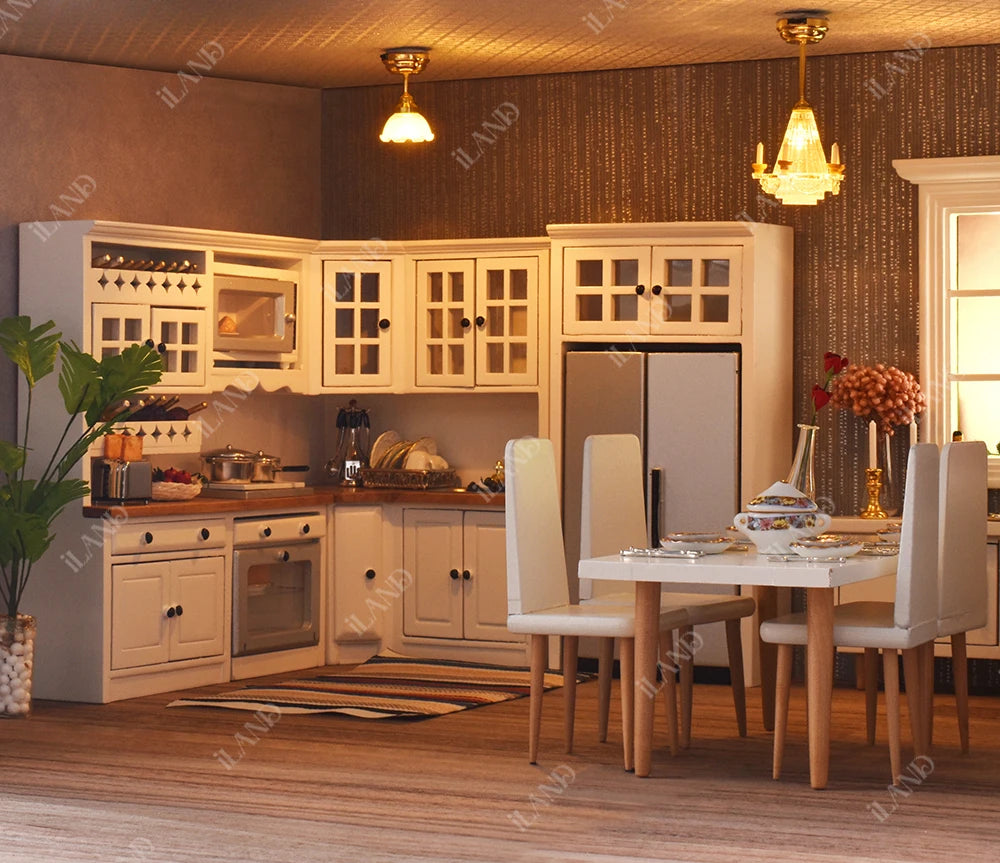 1:12 Scale Wooden Kitchen Cabinet Miniature Dollhouse Furniture Set With Fridge Oven Microwave For Modern Dollhouse