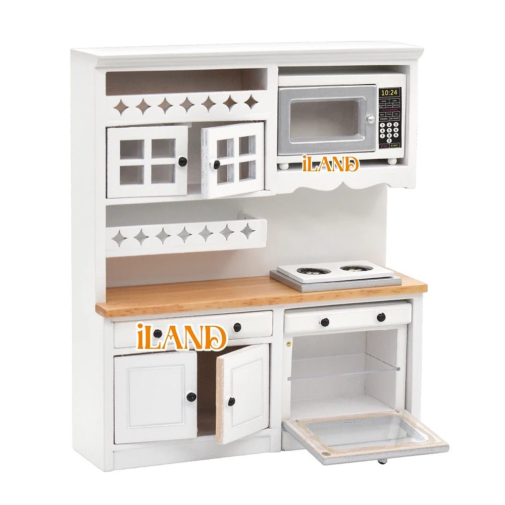 1:12 Scale Wooden Kitchen Cabinet Miniature Dollhouse Furniture Set With Fridge Oven Microwave For Modern Dollhouse