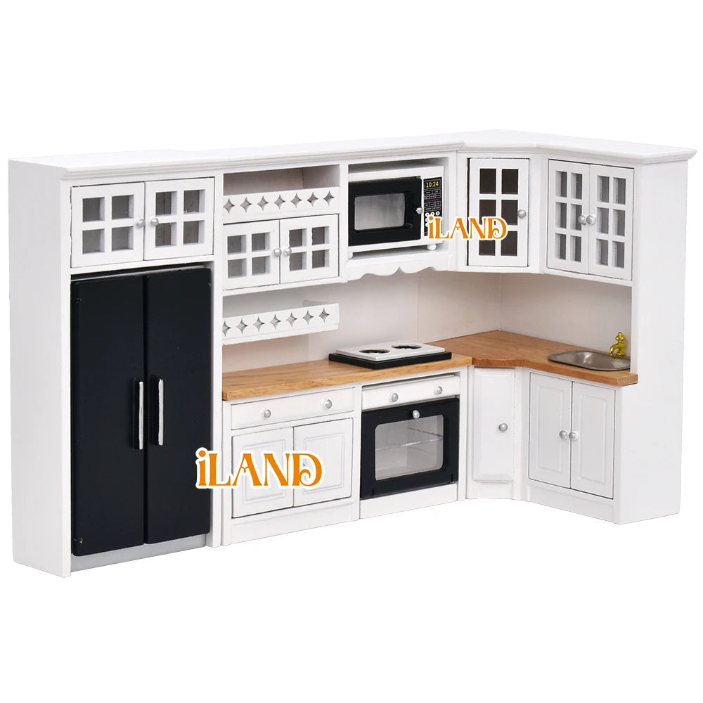 1:12 Scale Wooden Kitchen Cabinet Miniature Dollhouse Furniture Set With Fridge Oven Microwave For Modern Dollhouse
