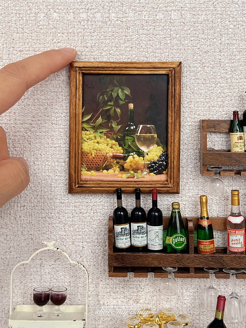 1:12 Scale Miniature Wine Rack Set With Wine Cup Decorative Painting And Wine Cooler For Dollhouse Miniature Furniture Accessories