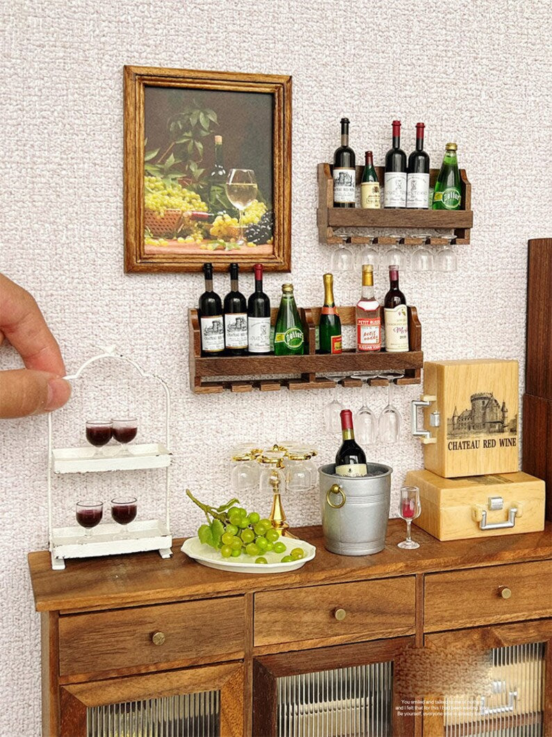 1:12 Scale Miniature Wine Rack Set With Wine Cup Decorative Painting And Wine Cooler For Dollhouse Miniature Furniture Accessories