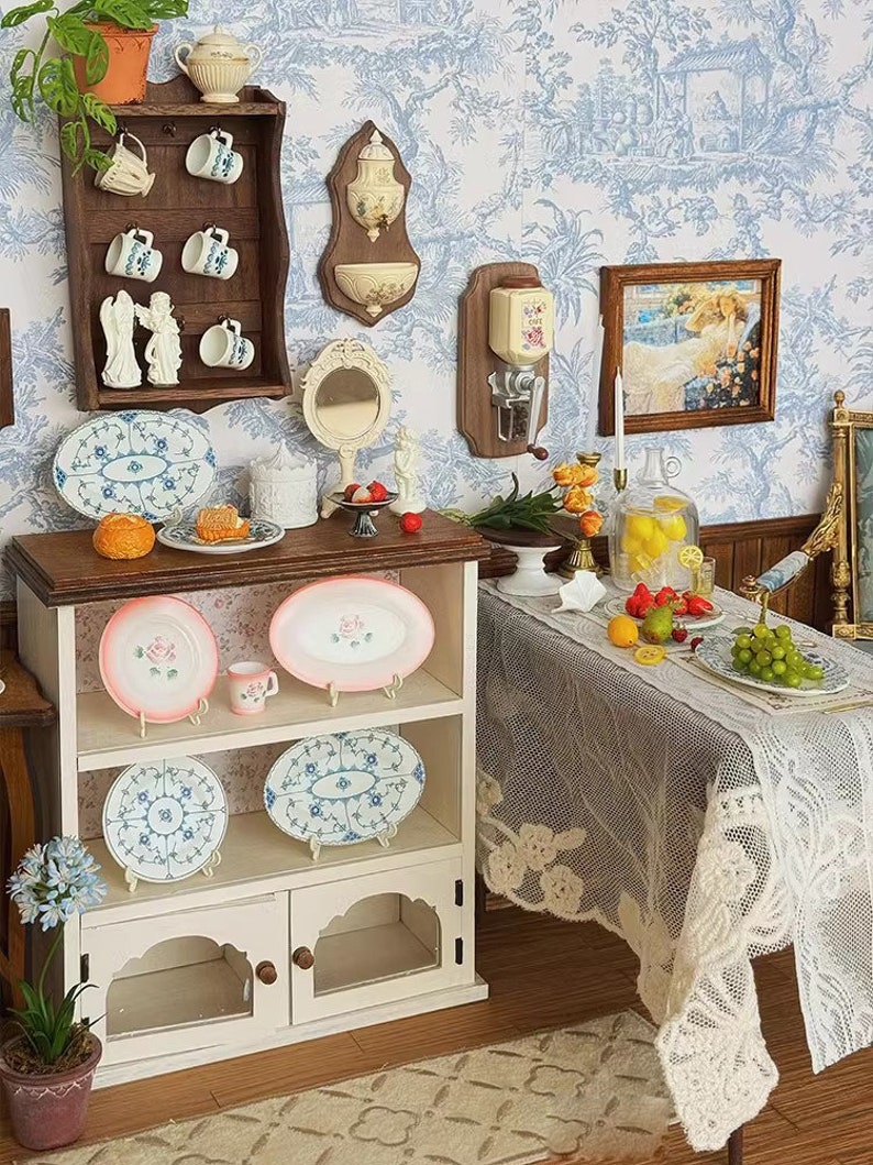 Cafetera en miniatura a escala 1:6, plataforma para agua bendita, tarro de frutas, plato para la cena, modelo BJD Blythe, accesorios de cocina, muebles en miniatura para casa de muñecas.