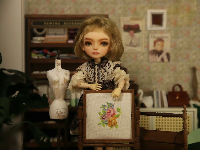1:6 Scale Miniature Vintage French Embroidery Shelf - DIY Dollhouse Accessory for BJD, Blythe & Cross Stitch Rooms