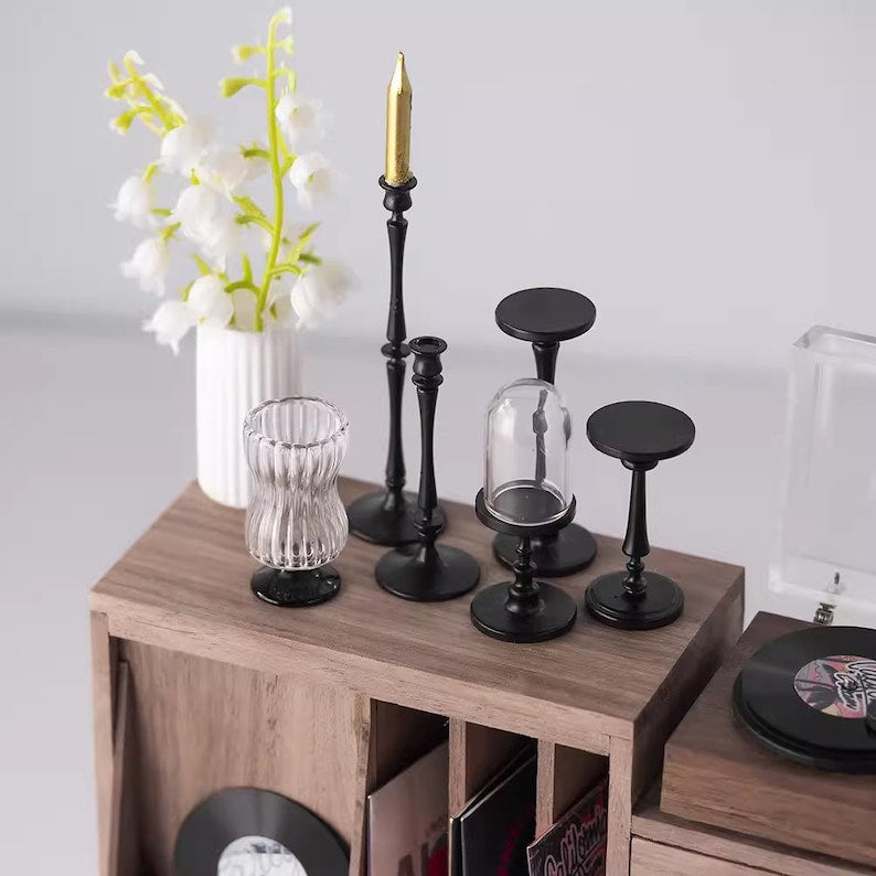 Ensemble de tourne-disque vinyle miniature et chandelier en métal à l'échelle 1:6, accessoires pour maison de poupée BJD Blythe