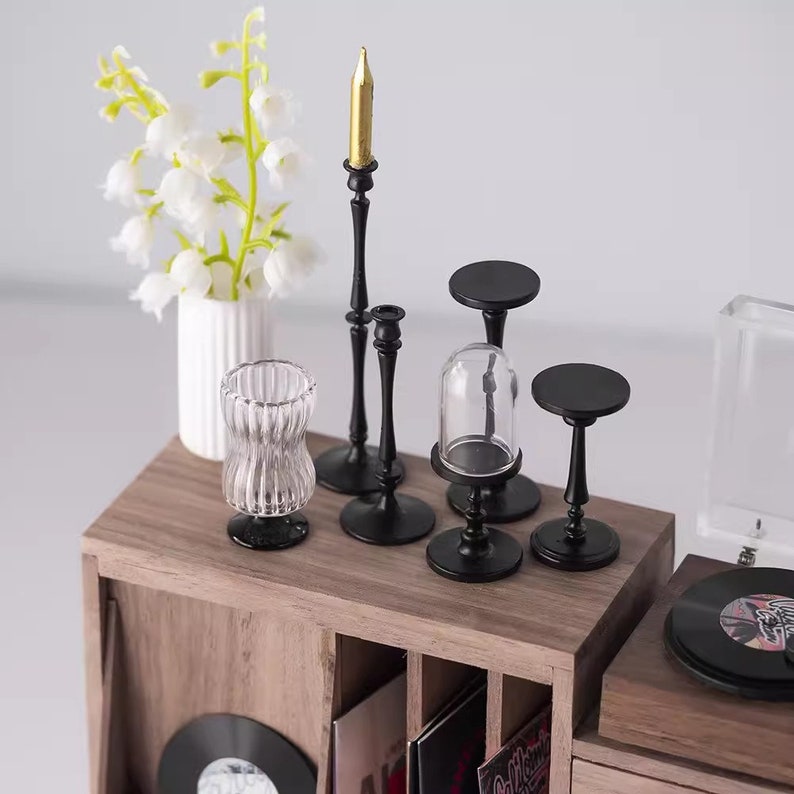 Tocadiscos de vinilo en miniatura a escala 1:6, candelabro de metal, modelo BJD, Blythe, muebles para casa de muñecas, accesorios, juguetes de exhibición de escritorio
