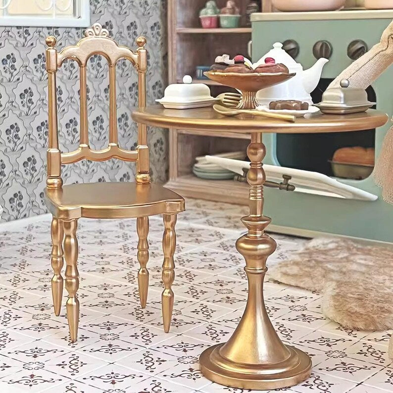 Juego de mesa y silla de metal en miniatura a escala 1:6: muebles para casas de muñecas BJD, Blythe y exhibiciones de modelos.