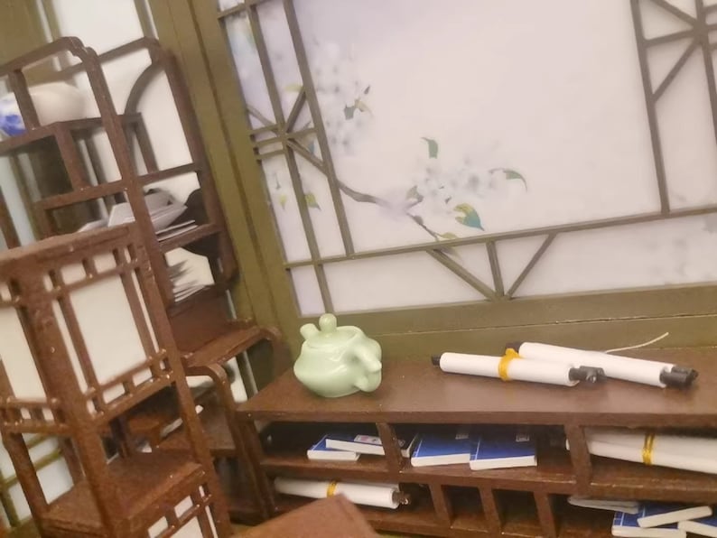 Juego de té chino en miniatura a escala 1:12 con tetera, lata de té, estante de exhibición, accesorios de cocina BJD, Blythe, GSC, muebles para casa de muñecas
