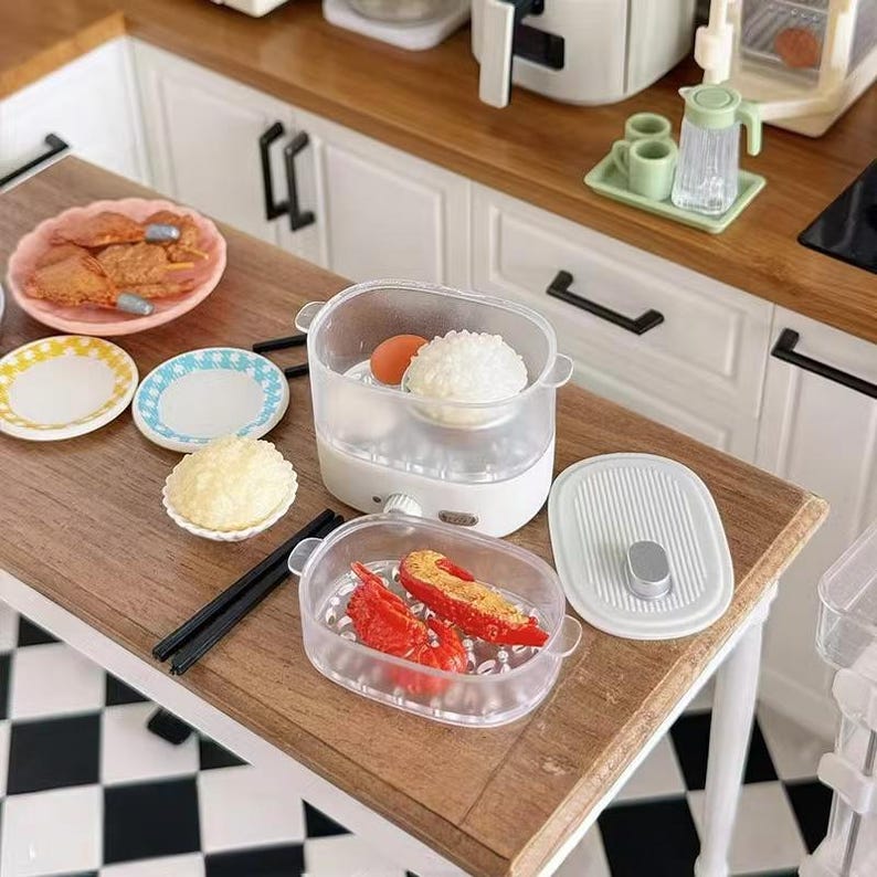 Electrodomésticos de cocina en miniatura a escala 1:6, accesorios para casas de muñecas, freidora de aire, olla arrocera, modelo de escritorio, juguetes