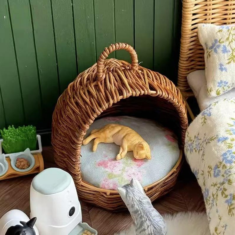 Casa de muñecas en miniatura a escala 1:6, nido para gatos tejido con enredaderas, comedero para mascotas, modelo BJD, Blythe, GSC, cesta de comida y juegos, accesorios, juguetes.