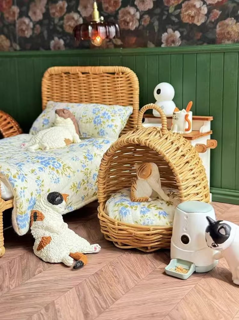 Casa de muñecas en miniatura a escala 1:6, nido para gatos tejido con enredaderas, comedero para mascotas, modelo BJD, Blythe, GSC, cesta de comida y juegos, accesorios, juguetes.