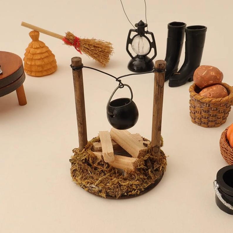 1:12 Scale Miniature Wooden Bonfire Camping Stove Hanging Furnace Model Dollhouse Accessory for BJD DIY Scenes