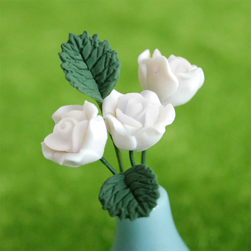 1:12 Scale Miniature White Rose Leaves Clay Flowers 6Pcs For Dollhouse Decor Miniature Dollhouse Accessories
