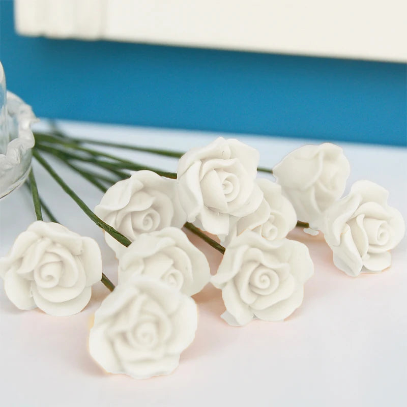 1:12 Scale Miniature White Rose Leaves Clay Flowers 6Pcs For Dollhouse Decor Miniature Dollhouse Accessories