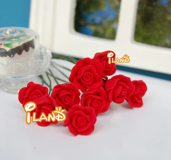 1:12 Scale Miniature White Rose Leaves Clay Flowers 6Pcs For Dollhouse Decor Miniature Dollhouse Accessories