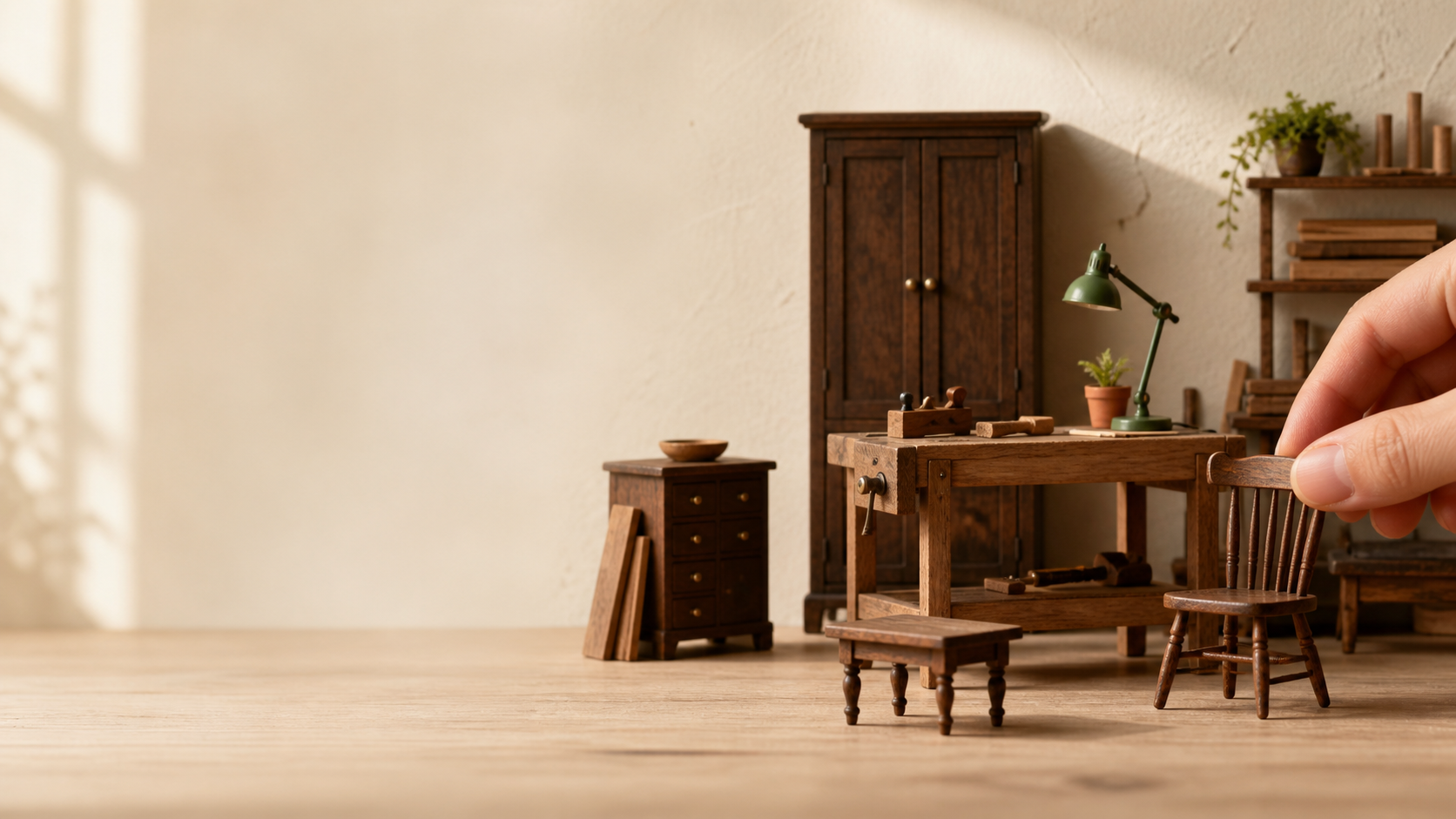 Collector-scale miniature furniture on a warm atelier table