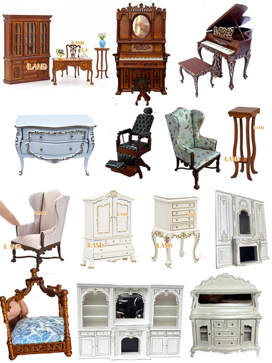 Armario de casa de muñecas en miniatura a escala 1:12, armario, piano tallado, silla suave, muebles en miniatura