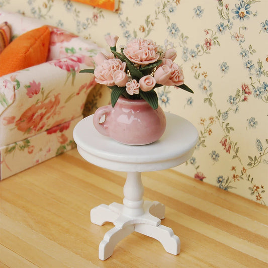 1:12 Scale Miniature Dollhouse Round Table With Potted Flower Living Room Decoration Accessories