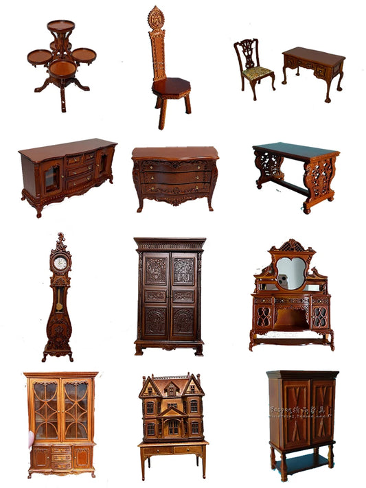 Conjunto de muebles de casa de muñecas en miniatura de estilo europeo a escala 1:12, mesa tallada, silla, escritorio de computadora, escena de oficina, decoración en miniatura