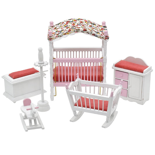 1:12 Scale Dollhouse Furniture Baby Doll Crib Nursery Bed Cabinet Rocking Horse Miniature Accessories For Tiny House