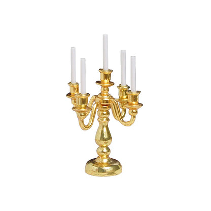 Candelabro de metal en miniatura a escala 1:12, accesorio para casa de muñecas, centro de mesa para fiesta navideña.