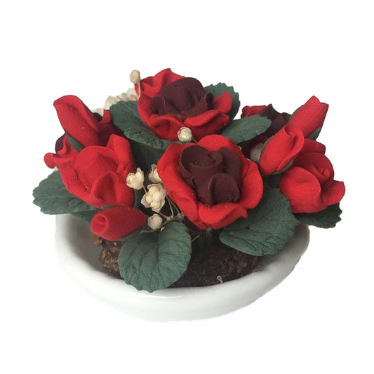 1:12 Scale Miniature Flower Decorative Pink Rose With White China Vase Dollhouse Accessory