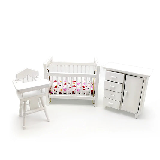 1:12 Scale Miniature Dollhouse Furniture Set Baby Crib Closet High Chair 3PCS