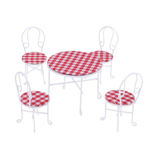 1:12 Scale Miniature Dining Table And Chair Set Iron Delicate Red Lattice Dollhouse Furniture